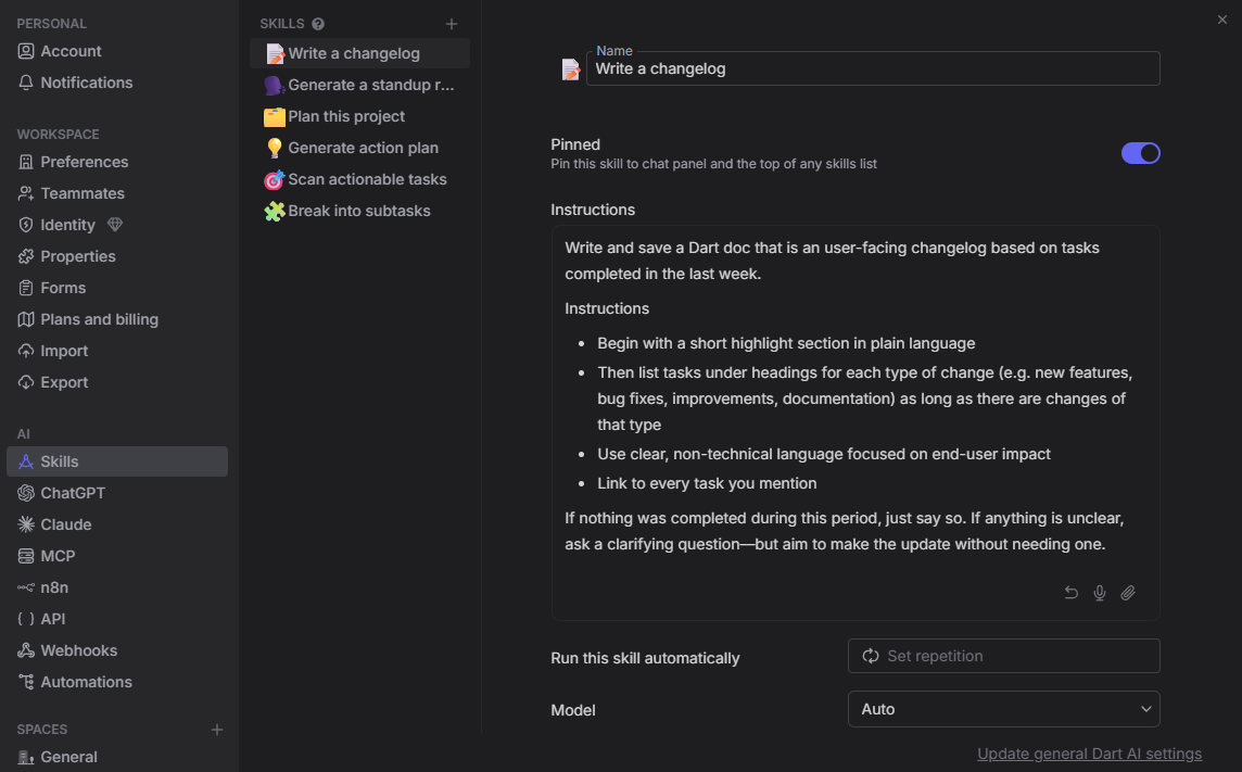 Dart AI skills feature screenshot