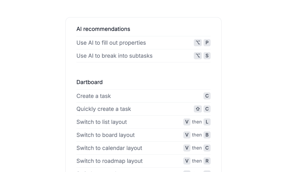 Dart Keyboard shortcuts feature screenshot