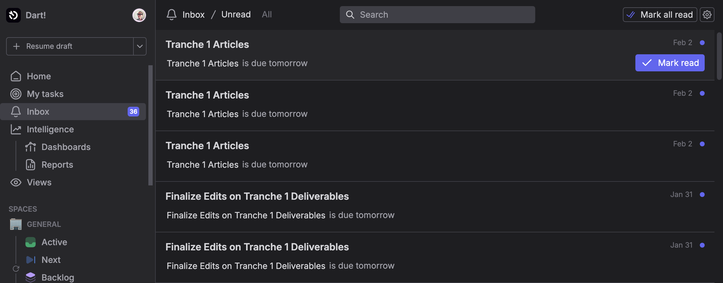 Dart Notifications feature screenshot