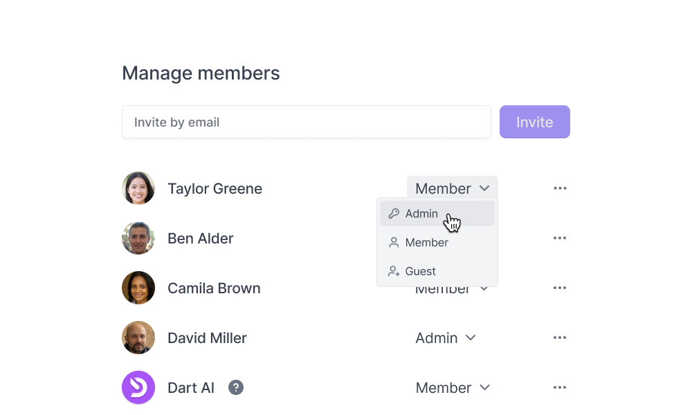Dart Teams and roles feature screenshot